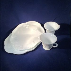 2 Indiana Milk Glass Colonial Grape Harvest Snack Luncheon Cup & Plate Sets
